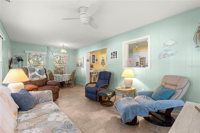 living room featuring ceiling fan