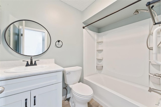 full bathroom with vanity, shower / tub combination, a textured ceiling, and toilet