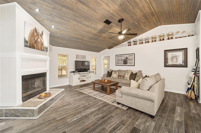 living room featuring ceiling fan, wooden ceiling, and lofted ceiling