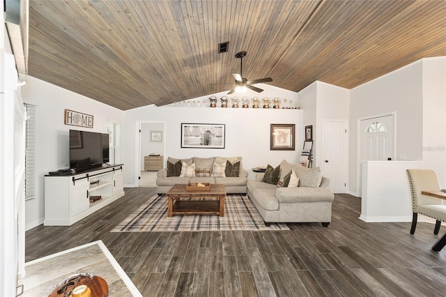 living room featuring vaulted ceiling, ceiling fan, and wooden ceiling