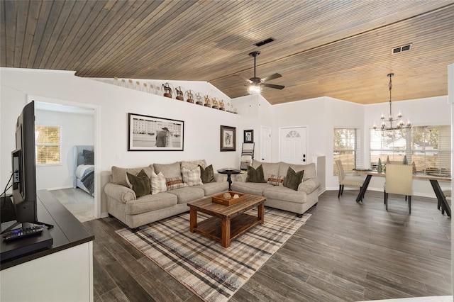 living room featuring ceiling fan with notable chandelier, dark wood-type flooring, vaulted ceiling, and wooden ceiling