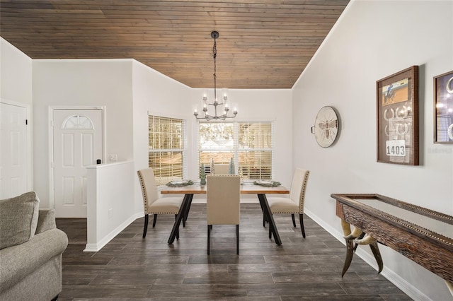 dining area featuring wood ceiling and a notable chandelier