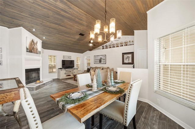 dining area featuring lofted ceiling, a notable chandelier, and wood ceiling