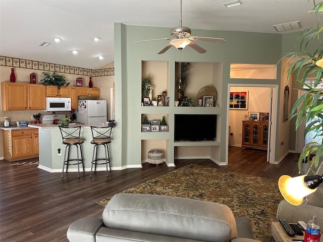 living room with ceiling fan and dark hardwood / wood-style flooring