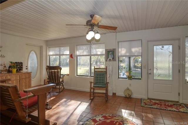 sunroom / solarium featuring ceiling fan