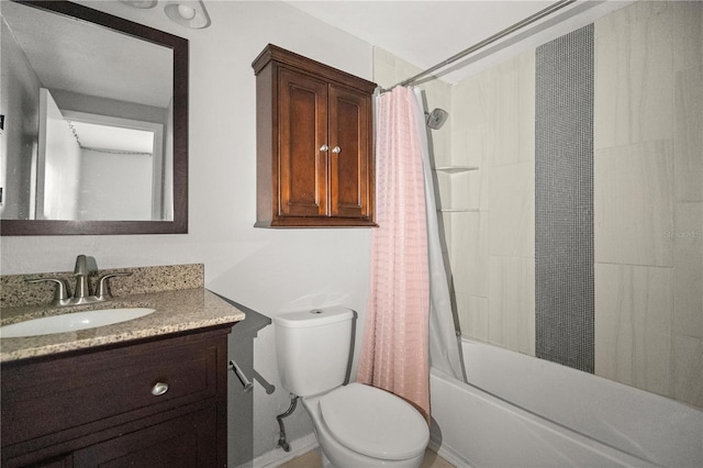 full bathroom with vanity, shower / bath combination with curtain, and toilet