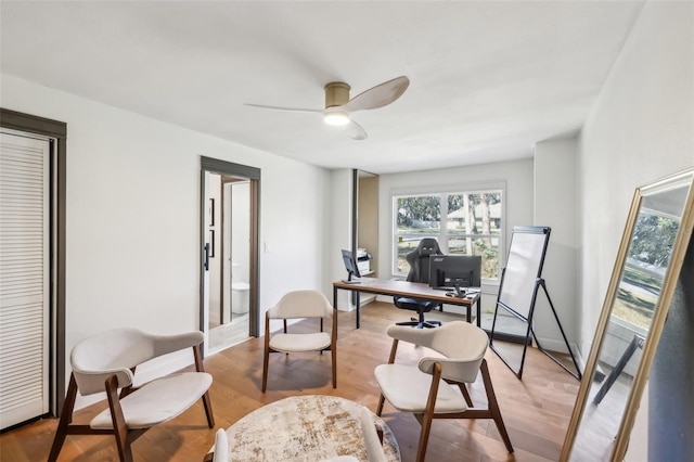 office space featuring light hardwood / wood-style floors and ceiling fan