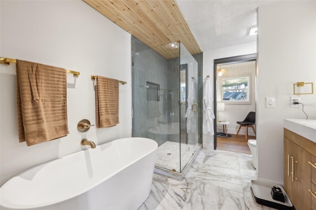 full bathroom featuring vanity, plus walk in shower, wood ceiling, and toilet