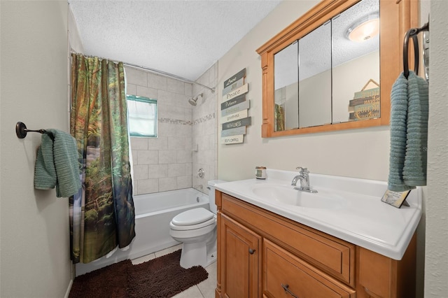 full bathroom with tile patterned floors, a textured ceiling, toilet, shower / bath combo with shower curtain, and vanity