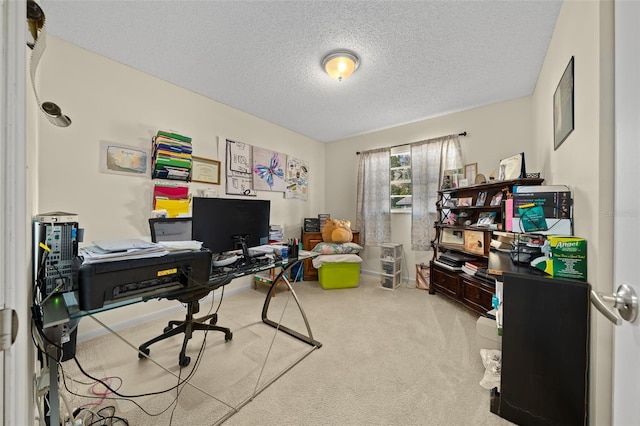 office featuring light colored carpet and a textured ceiling