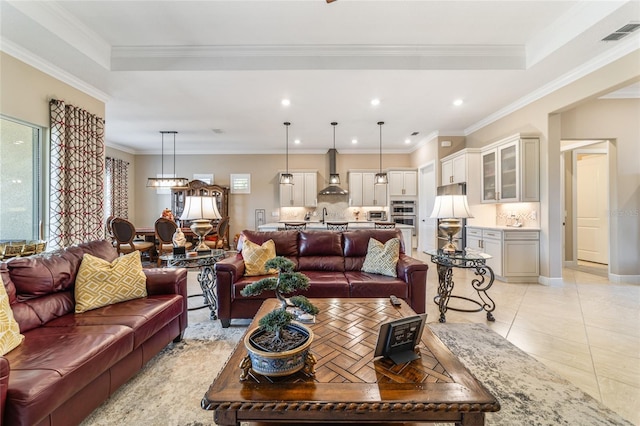 tiled living room featuring ornamental molding