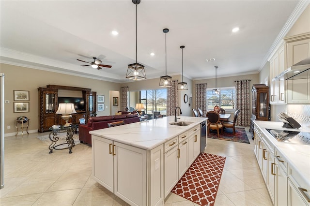 kitchen with pendant lighting, an island with sink, light stone counters, and sink