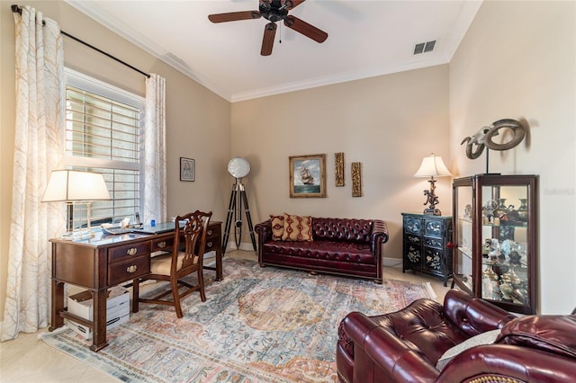 home office with tile patterned flooring, ceiling fan, and ornamental molding