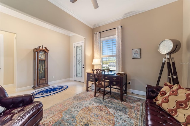 tiled office space featuring ceiling fan and ornamental molding