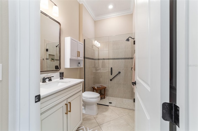 bathroom with tile patterned floors, ornamental molding, vanity, a shower with door, and toilet