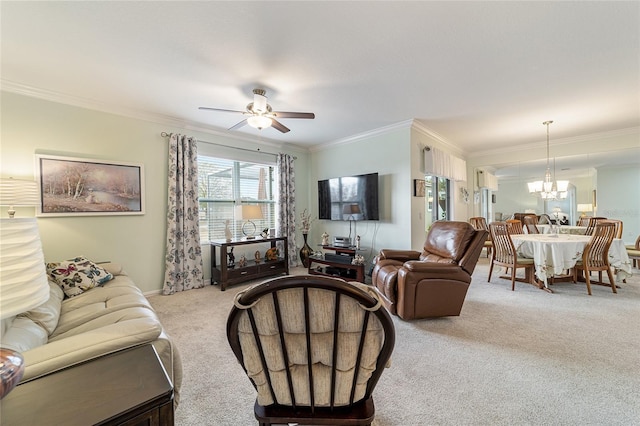 living room with ceiling fan with notable chandelier, light colored carpet, and crown molding