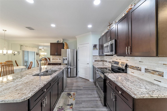 kitchen with sink, backsplash, pendant lighting, a center island with sink, and appliances with stainless steel finishes