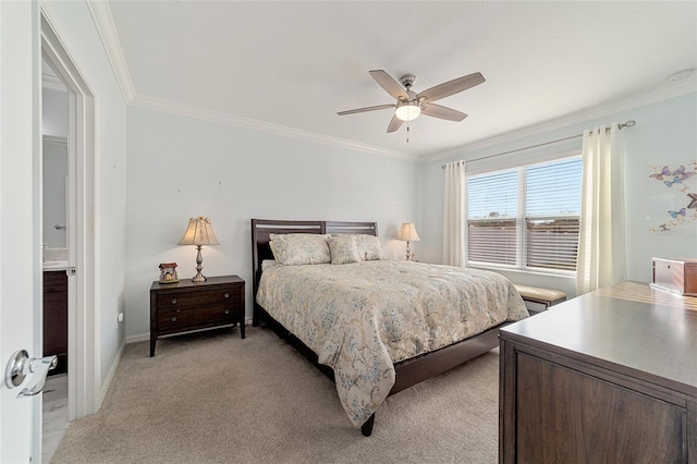 carpeted bedroom featuring ceiling fan and ornamental molding