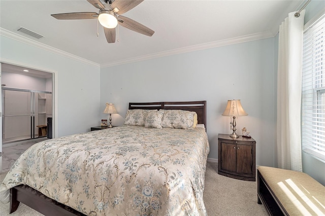 bedroom with ceiling fan, light colored carpet, ornamental molding, and multiple windows