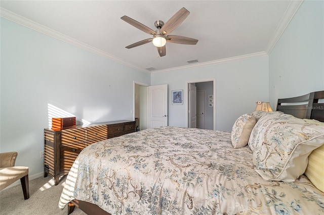 bedroom featuring light carpet, ceiling fan, and crown molding