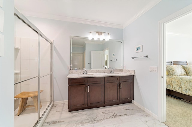 bathroom featuring vanity, an enclosed shower, and ornamental molding