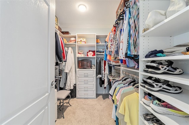 walk in closet featuring light colored carpet