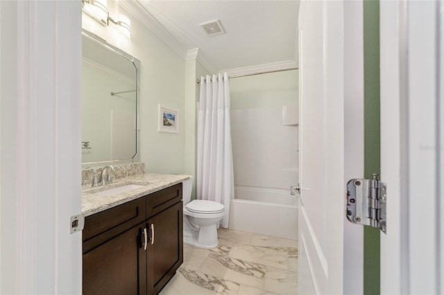 full bathroom with shower / bath combo with shower curtain, vanity, toilet, and crown molding