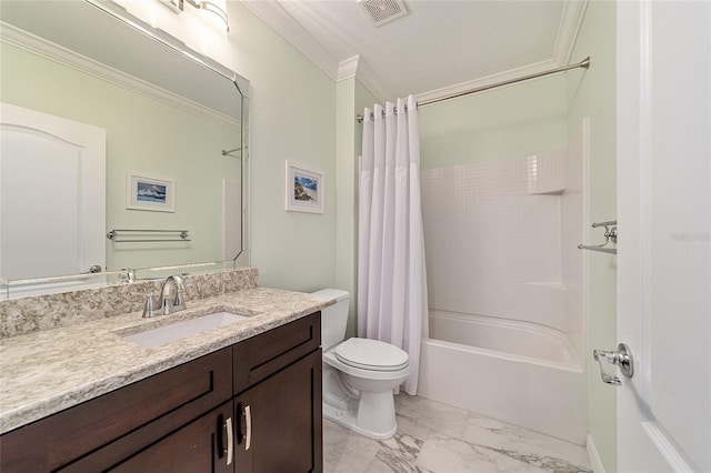 full bathroom featuring vanity, toilet, crown molding, and shower / tub combo with curtain