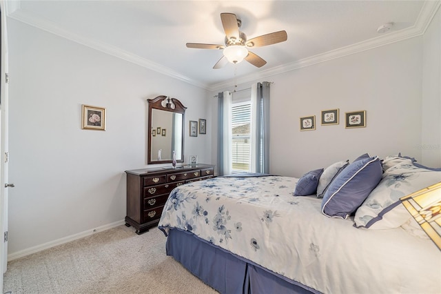 bedroom with ceiling fan, crown molding, and light carpet