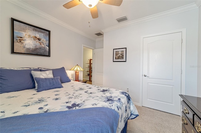 bedroom with ceiling fan, crown molding, and light colored carpet