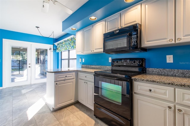 kitchen with french doors, black appliances, white cabinets, light tile patterned floors, and light stone counters