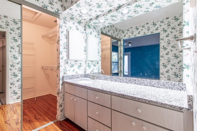 bathroom with hardwood / wood-style flooring and vanity