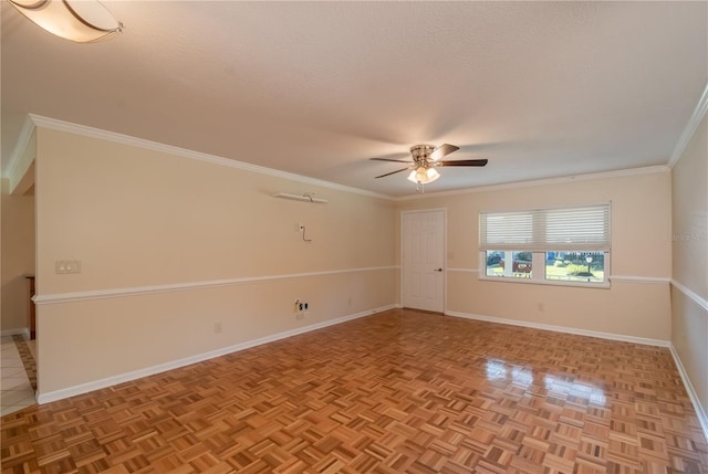 unfurnished room featuring ceiling fan, light parquet floors, a textured ceiling, and ornamental molding