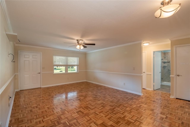 unfurnished room with light parquet floors, ceiling fan, and ornamental molding