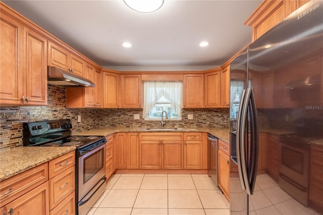 kitchen with range with electric stovetop, sink, and tasteful backsplash