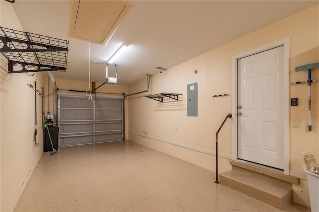 garage with electric panel and a garage door opener