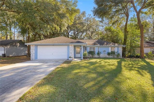 ranch-style house with a front yard and a garage