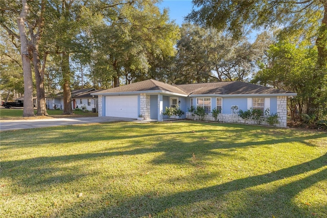 single story home with a front lawn and a garage