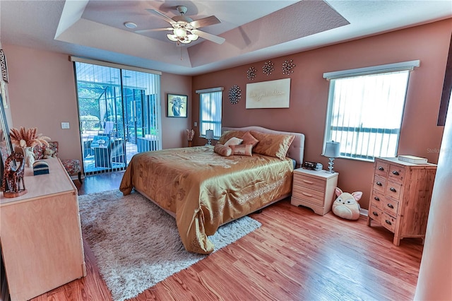 bedroom featuring a raised ceiling, access to outside, light wood-type flooring, and multiple windows