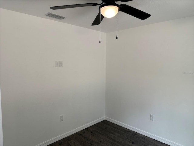 empty room featuring ceiling fan and dark hardwood / wood-style flooring