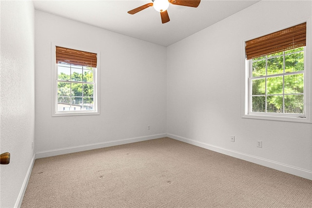 unfurnished room with ceiling fan and carpet floors