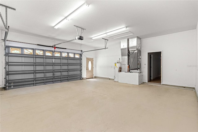 garage with heating unit, a garage door opener, and water heater