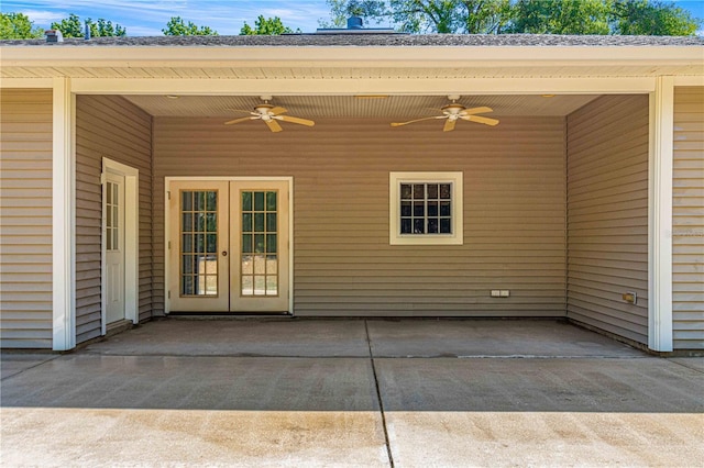 view of patio with ceiling fan and french doors