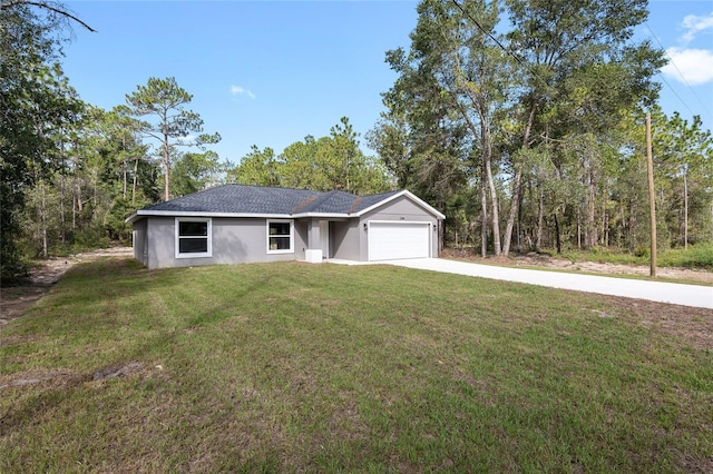 ranch-style home with a front yard and a garage