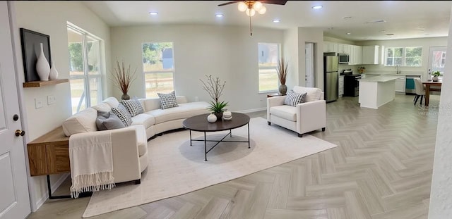 13253 SE 35th Ct, Belleview, FL 34420 - living room featuring baseboards, recessed lighting, and ceiling fan