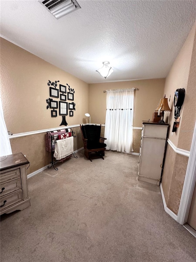 sitting room with light colored carpet and a textured ceiling