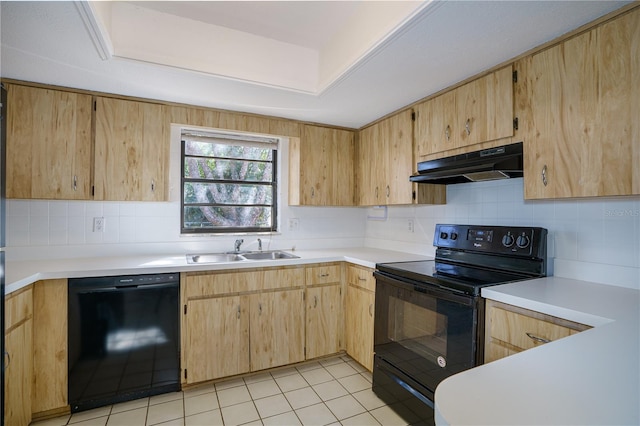 kitchen with sink, light tile patterned floors, black appliances, and light brown cabinets