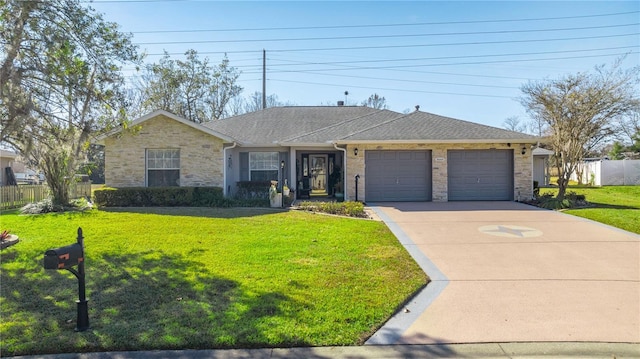 single story home with a garage and a front lawn