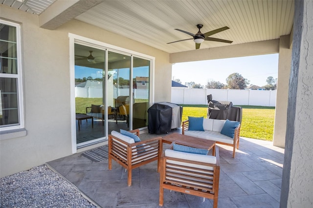 view of patio featuring ceiling fan, a grill, and an outdoor hangout area