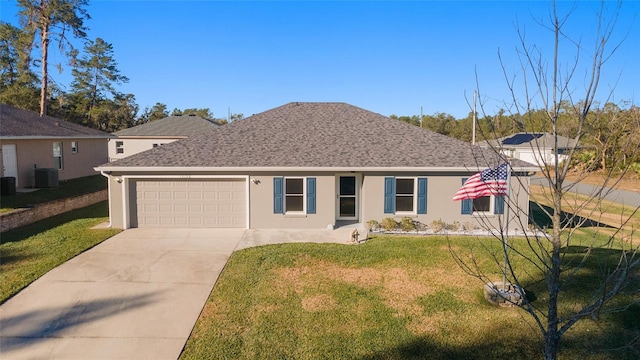 single story home with a front yard, a garage, and central AC unit